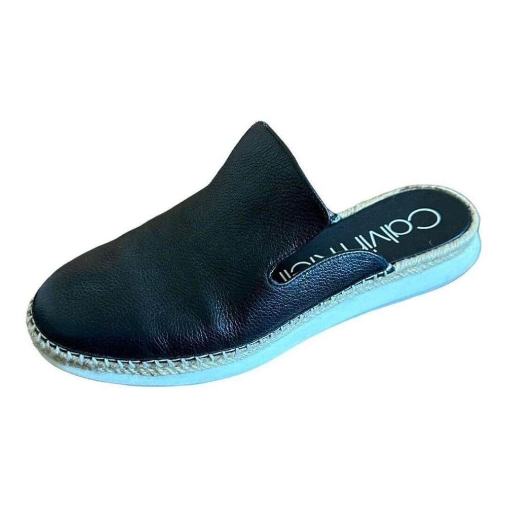 Calvin Klein Verie Black Leather Espadrille Mules Size 10